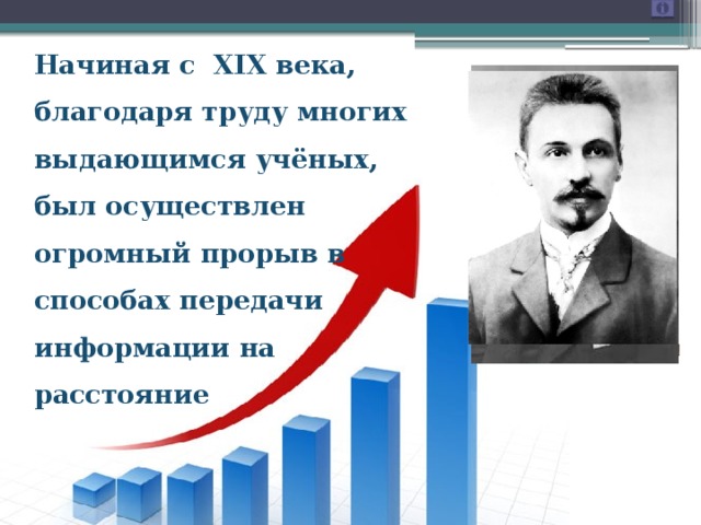  Начиная с XIX века, благодаря труду многих выдающимся учёных, был осуществлен огромный прорыв в способах передачи информации на расстояние 