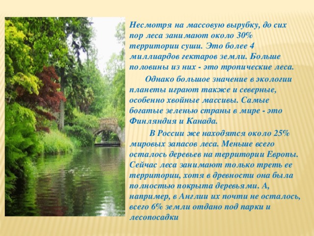 Несмотря на массовую вырубку, до сих пор леса занимают около 30% территории суши. Это более 4 миллиардов гектаров земли. Больше половины из них - это тропические леса.  Однако большое значение в экологии планеты играют также и северные, особенно хвойные массивы. Самые богатые зеленью страны в мире - это Финляндия и Канада.  В России же находятся около 25% мировых запасов леса. Меньше всего осталось деревьев на территории Европы. Сейчас леса занимают только треть ее территории, хотя в древности она была полностью покрыта деревьями. А, например, в Англии их почти не осталось, всего 6% земли отдано под парки и лесопосадки 