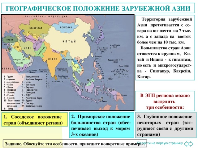 ГЕОГРАФИЧЕСКОЕ ПОЛОЖЕНИЕ ЗАРУБЕЖНОЙ АЗИИ  Территория зарубежной Азии протягивается с се-вера на юг почти на 7 тыс. км, а с запада на восток более чем на 10 тыс. км.  Большинство стран Азии относятся к крупным, Ки-тай и Индия - к гигантам, но есть и микрогосударст-ва - Сингапур, Бахрейн, Катар. В ЭГП региона можно выделить три особенности: 2. Приморское положение большинства стран (обес-печивает выход к морям 3-х океанов) 3. Глубинное положение некоторых стран (зат-рудняет связи с другими странами) 1. Соседское положение стран (объединяет регион) Задание. Обоснуйте эти особенности, приведите конкретные примеры. 