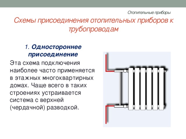 Отопительные приборы   Схемы присоединения отопительных приборов к трубопроводам 1.  Одностороннее присоединение Эта схема подключения наиболее часто применяется в этажных многоквартирных домах. Чаще всего в таких строениях устраивается система с верхней (чердачной) разводкой. 
