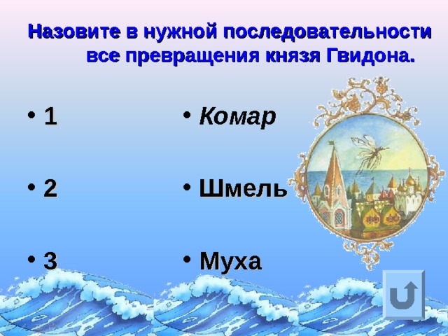 Назовите в нужной последовательности все превращения князя Гвидона. 1  2  3 Комар  Шмель  Муха Ответ на вопрос выходит по щелчку. Управляющая кнопка – возврат на слайд с номинациями  