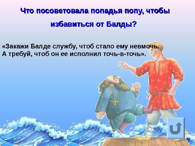 Что посоветовала попадья попу, чтобы избавиться от Балды?  «Закажи Балде службу, чтоб стало ему невмочь.  А требуй, чтоб он ее исполнил точь-в-точь».  Ответ на вопрос выходит по щелчку. Управляющая кнопка – возврат на слайд с номинациями  