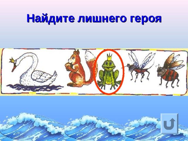 Найдите лишнего героя Ответ на вопрос выходит по щелчку. Управляющая кнопка – возврат на слайд с номинациями  