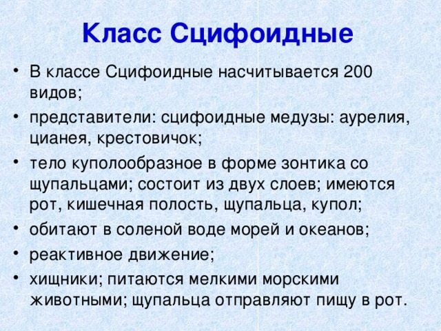 Класс Сцифоидные В классе Сцифоидные насчитывается 200 видов; представители: сцифоидные медузы: аурелия, цианея, крестовичок; тело куполообразное в форме зонтика со щупальцами; состоит из двух слоев; имеются рот, кишечная полость, щупальца, купол; обитают в соленой воде морей и океанов; реактивное движение; хищники; питаются мелкими морскими животными; щупальца отправляют пищу в рот. 