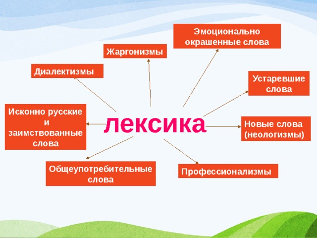 Эмоционально окрашенные слова Жаргонизмы Диалектизмы Устаревшие слова лексика Исконно русские и заимствованные слова Новые слова (неологизмы) Общеупотребительные слова Профессионализмы 