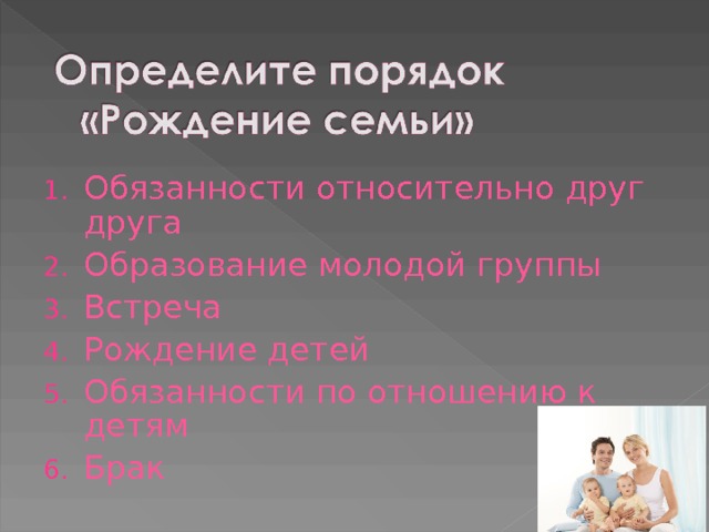Обязанности относительно друг друга Образование молодой группы Встреча Рождение детей Обязанности по отношению к детям Брак 