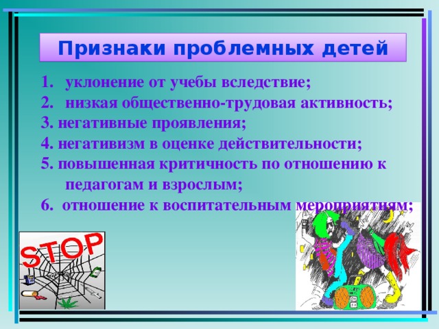 Признаки проблемных детей уклонение от учебы вследствие; низкая общественно-трудовая активность; 3. негативные проявления; 4. негативизм в оценке действительности; 5. повышенная критичность по отношению к педагогам и взрослым; 6.  отношение к воспитательным мероприятиям;