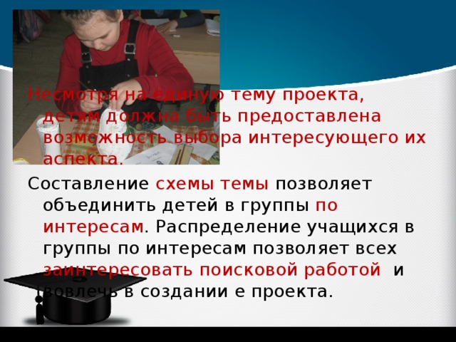Несмотря на единую тему проекта, детям должна быть предоставлена возможность выбора интересующего их аспекта. Составление схемы темы позволяет объединить детей в группы по интересам . Распределение учащихся в группы по интересам позволяет всех заинтересовать поисковой работой и вовлечь в создании е проекта. 