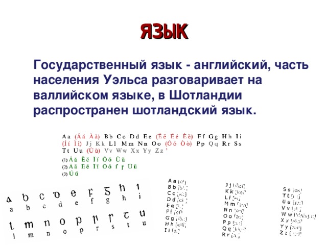 ЯЗЫК Государственный язык - английский, часть населения Уэльса разговаривает на валлийском языке, в Шотландии распространен шотландский язык. 