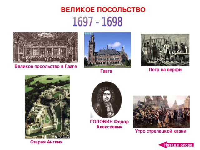 ВЕЛИКОЕ ПОСОЛЬСТВО Великое посольство в Гааге Петр на верфи Гаага ГОЛОВИН Федор Алексеевич Утро стрелецкой казни Старая Англия Назад к опоре 11 