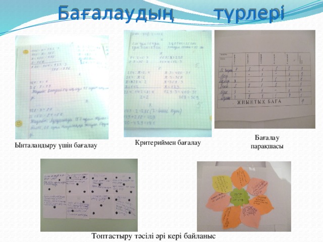  Бағалаудың түрлері Бағалау парақшасы Критериймен бағалау Ынталандыру үшін бағалау  Топтастыру тәсілі әрі кері байланыс 