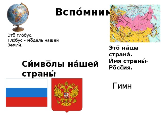  Вспо́мним . Это̅ гло́бус.  Гло́бус – мо̅де́ль нашей Земли́. Это̅ на́ша страна́.  И́мя страны́- Ро̅сс̅ия. Си́мво̅лы на́шей страны́ ́́ Гимн 