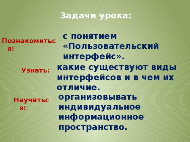 Задачи урока: с понятием «Пользовательский интерфейс». Познакомиться: какие существуют виды интерфейсов и в чем их отличие. Узнать: организовывать индивидуальное информационное пространство. Научиться: 