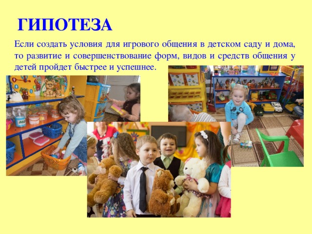 ГИПОТЕЗА Если создать условия для игрового общения в детском саду и дома, то развитие и совершенствование форм, видов и средств общения у детей пройдет быстрее и успешнее. 