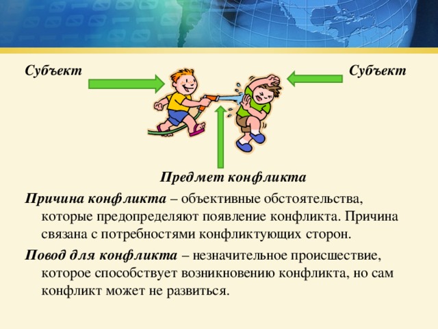 Субъект  Субъект   Предмет конфликта Причина конфликта  – объективные обстоятельства, которые предопределяют появление конфликта. Причина связана с потребностями конфликтующих сторон. Повод для конфликта  – незначительное происшествие, которое способствует возникновению конфликта, но сам конфликт может не развиться. 