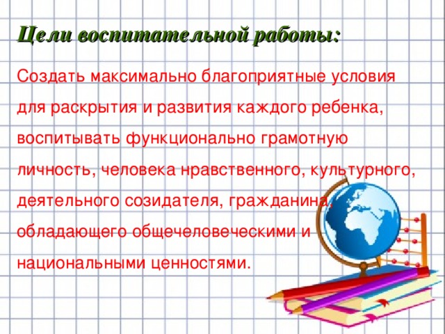 Цели воспитательной работы:  Создать максимально благоприятные условия для раскрытия и развития каждого ребенка,  воспитывать функционально грамотную личность, человека нравственного, культурного, деятельного созидателя, гражданина, обладающего общечеловеческими и национальными ценностями. 