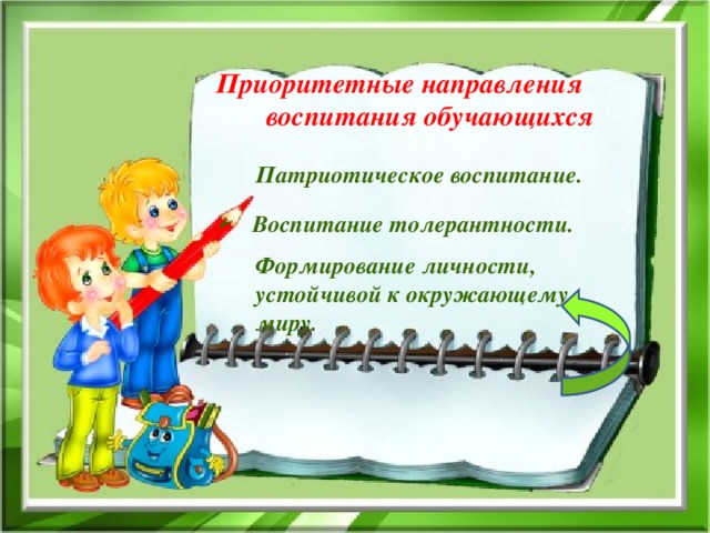 Приоритетные направления  воспитания обучающихся   Патриотическое воспитание.     Воспитание толерантности.    Формирование личности, устойчивой к окружающему миру. 