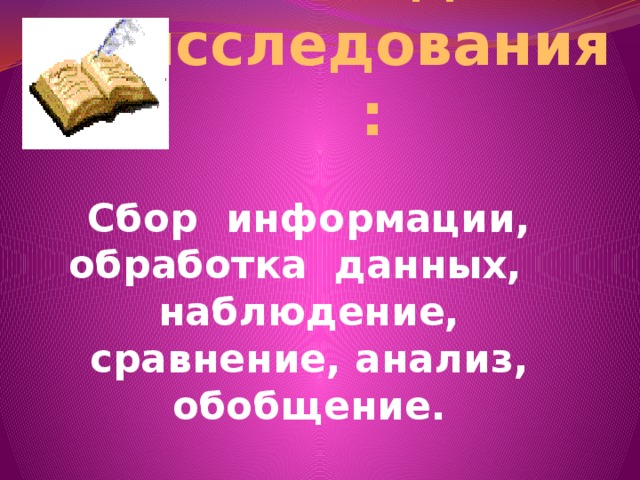 Методы исследования: Сбор информации, обработка данных, наблюдение, сравнение, анализ, обобщение. 