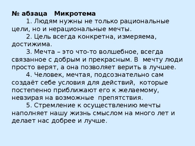 № абзаца  Микротема  1. Людям нужны не только рациональные цели, но и нерациональные мечты.  2. Цель всегда конкретна, измеряема, достижима.  3. Мечта – это что-то волшебное, всегда связанное с добрым и прекрасным. В мечту люди просто верят, а она позволяет верить в лучшее.  4. Человек, мечтая, подсознательно сам создаёт себе условия для действий, которые постепенно приближают его к желаемому, невзирая на возможные препятствия.  5. Стремление к осуществлению мечты наполняет нашу жизнь смыслом на много лет и делает нас добрее и лучше.   