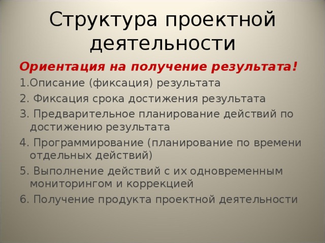 Структура проектной деятельности Ориентация на получение результата! 1.Описание (фиксация) результата 2. Фиксация срока достижения результата 3. Предварительное планирование действий по достижению результата 4. Программирование (планирование по времени отдельных действий) 5. Выполнение действий с их одновременным мониторингом и коррекцией 6. Получение продукта проектной деятельности 