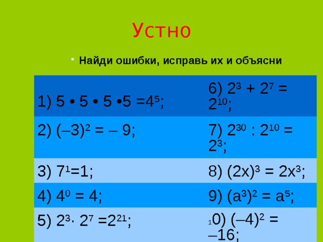 Устно Найди ошибки, исправь их и объясни Найди ошибки, исправь их и объясни Найди ошибки, исправь их и объясни Найди ошибки, исправь их и объясни Найди ошибки, исправь их и объясни 1) 5 • 5 • 5 •5 =4 5 ; 6) 2 3  + 2 7  = 2 10 ; 2) (–3) 2  = – 9; 7) 2 30  : 2 10  = 2 3 ; 3) 7 1 =1; 8) (2x) 3  = 2x 3 ; 4) 4 0  = 4; 9) (a 3 ) 2  = a 5 ; 5) 2 3 · 2 7  =2 21 ; 1 0) (–4) 2  = –16; 