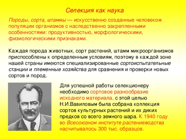 Селекция как наука Породы, сорта, штаммы — искусственно созданные человеком популяции организмов с наследственно закрепленными особенностями: продуктивностью, морфологическими, физиологическими признаками. Каждая порода животных, сорт растений, штамм микроорганизмов приспособлены к определенным условиям, поэтому в каждой зоне нашей страны имеются специализированные сортоиспытательные станции и племенные хозяйства для сравнения и проверки новых сортов и пород. Для успешной работы селекционеру необходимо сортовое разнообразие исходного материала, с этой целью Н.И.Вавиловым была собрана коллекция сортов культурных растений и их диких предков со всего земного шара. К 1940 году во Всесоюзном институте растениеводства насчитывалось 300 тыс. образцов. Н.И.Вавилов  