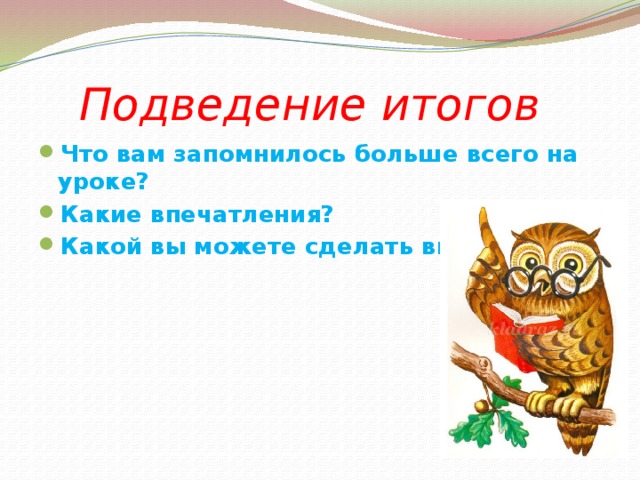  Подведение итогов Что вам запомнилось больше всего на уроке? Какие впечатления? Какой вы можете сделать вывод? 