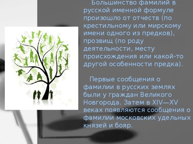 Большинство фамилий в русской именной формуле произошло от отчеств (по крестильному или мирскому имени одного из предков), прозвищ (по роду деятельности, месту происхождения или какой-то другой особенности предка).   Первые сообщения о фамилии в русских землях были у граждан Великого Новгорода. Затем в XIV—XV веках появляются сообщения о фамилии московских удельных князей и бояр.