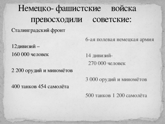 Немецко- фашистские войска превосходили советские: Сталинградский фронт 6-ая полевая немецкая армия  12дивизий – 14 дивизий- 160 000 человек   270 000 человек 2 200 орудий и миномётов 3 000 орудий и миномётов 400 танков 454 самолёта 500 танков 1 200 самолёта 