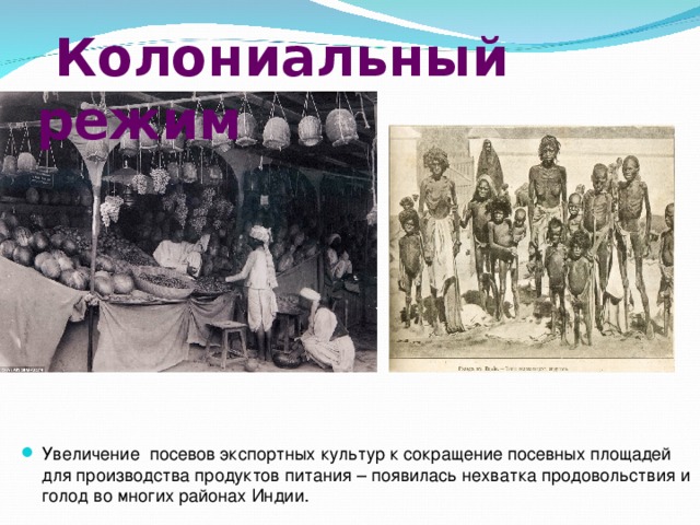  Колониальный режим Увеличение посевов экспортных культур к сокращение посевных площадей для производства продуктов питания – появилась нехватка продовольствия и голод во многих районах Индии. 