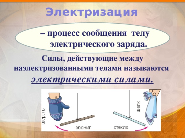 Электризация – процесс сообщения телу электрического заряда.  Силы, действующие между наэлектризованными телами называются электрическими силами. 