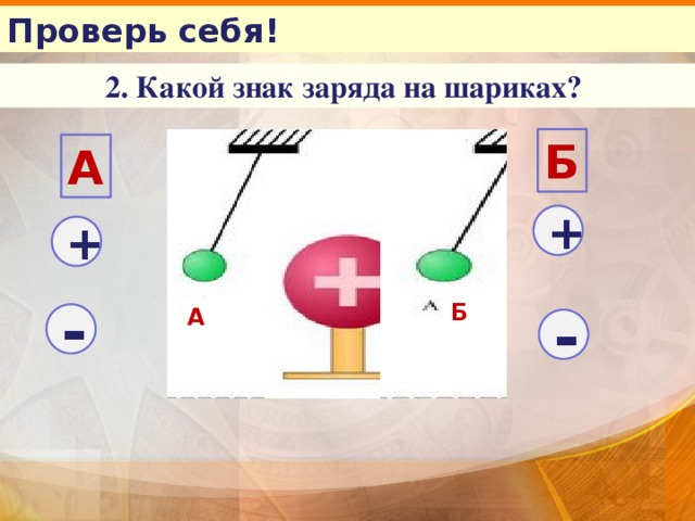 Проверь себя! 2. Какой знак заряда на шариках? Б А + + Б А - - 