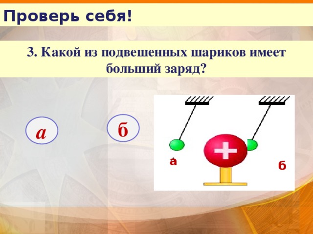 Проверь себя! 3. Какой из подвешенных шариков имеет больший заряд? б а а б 