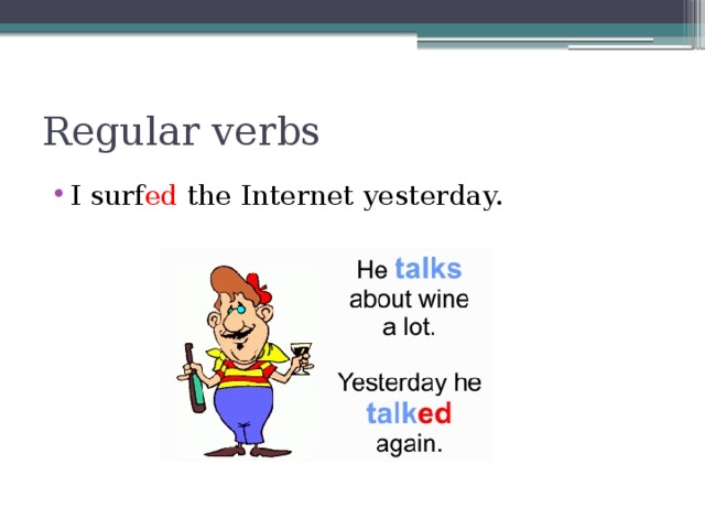 Regular verbs I surf ed the Internet yesterday. 