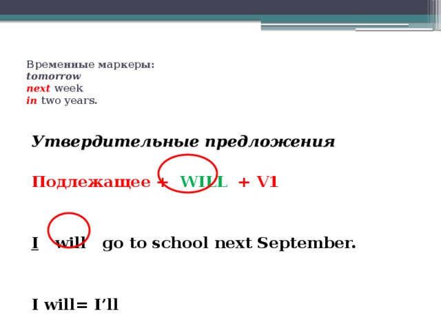 Временные маркеры:  tomorrow  next week  in two years.   Утвердительные предложения     Подлежащее + WILL + V1   I will go to school next September.   I will= I’ll  