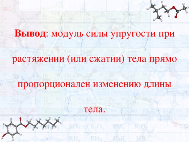 Вывод : модуль силы упругости при растяжении (или сжатии) тела прямо пропорционален изменению длины тела.   