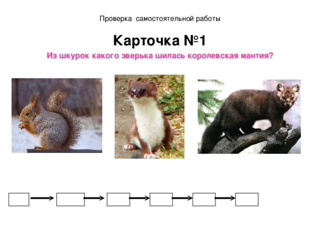 Проверка самостоятельной работы Карточка №1 Из шкурок какого зверька шилась королевская мантия?  Соболь - 78 Горностай - 74 Белка - 79 +6,3 -9,8 * 2 -5,6 *10 16,3 10 13 7,4 =74 6,5 Ответ: Горностай  
