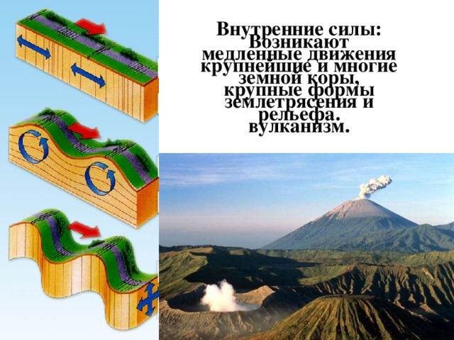 Внутренние силы: медленные движения земной коры, землетрясения и вулканизм. Возникают крупнейшие и многие крупные формы рельефа. 