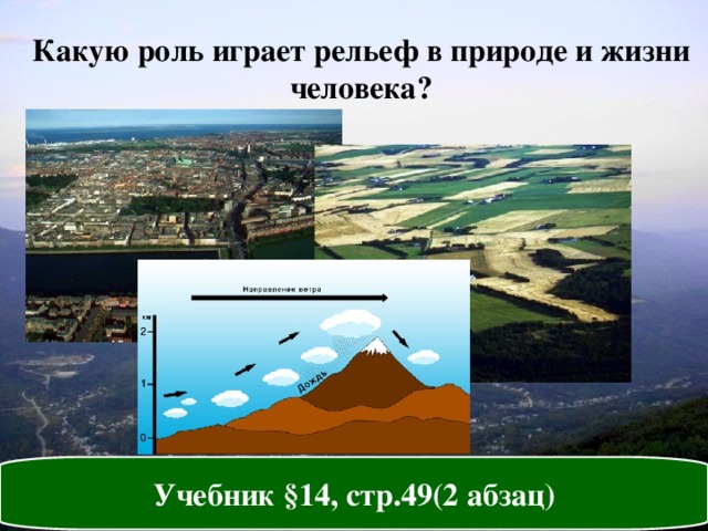 Какую роль играет рельеф в природе и жизни человека? Учебник §14, стр.49(2 абзац) 