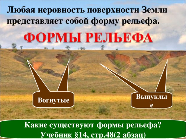 Любая неровность поверхности Земли представляет собой форму рельефа. Вогнутые Вогнутые Выпуклые Выпуклые Какие существуют формы рельефа? Учебник §14, стр.48(2 абзац) 
