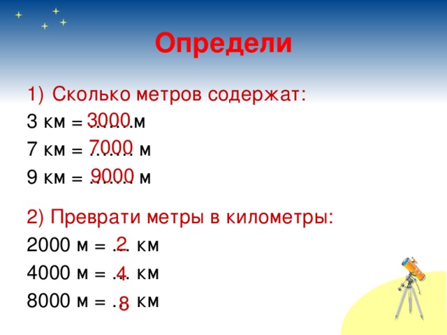 Определи Сколько метров содержат: 3 км = …….м 7 км = ……. м 9 км = ……. м 2) Преврати метры в километры: 2000 м = … км 4000 м = … км 8000 м = … км 3000 7000 9000 2 4 8 