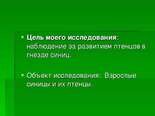 Цель моего исследования : наблюдение за развитием птенцов в гнезде синиц. Объект исследования: Взрослые синицы и их птенцы. 