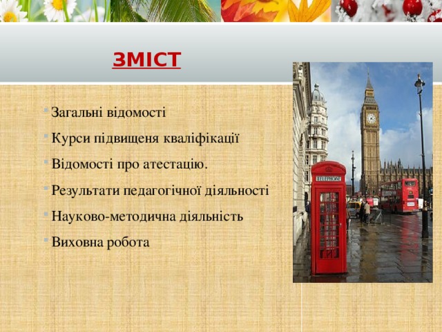Зміст Загальні відомості Курси підвищеня кваліфікації Відомості про атестацію. Результати педагогічної діяльності Науково-методична діяльність Виховна робота 