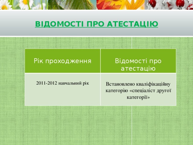 Відомості про атестацію Рік проходження Відомості про атестацію 2011-2012 навчальний рік Встановлено кваліфікаційну категорію «спеціаліст другої категорії» 