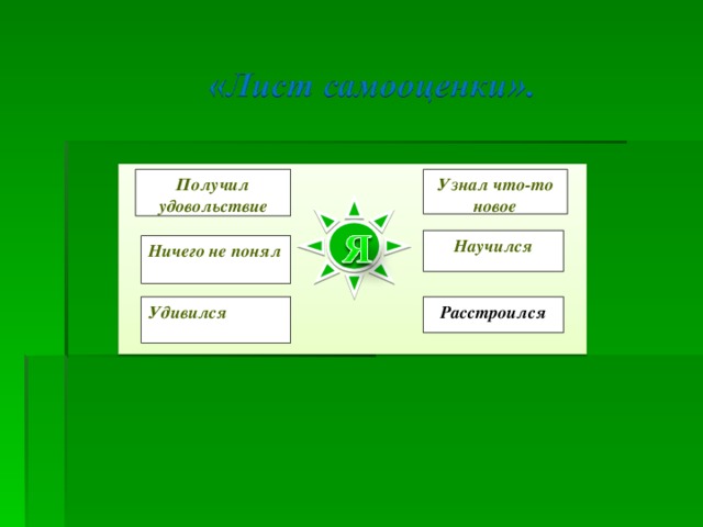 Получил удовольствие Узнал что-то новое Научился Ничего не понял Удивился Расстроился 