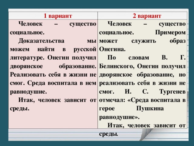 1 вариант 2 вариант Человек – существо социальное. Доказательства мы можем найти в русской литературе. Онегин получил дворянское образование. Реализовать себя в жизни не смог. Среда воспитала в нем равнодушие. Итак, человек зависит от среды. Человек – существо социальное. Примером может служить образ Онегина. По словам В. Г. Белинского, Онегин получил дворянское образование, но реализовать себя в жизни не смог. И. С. Тургенев отмечал: «Среда воспитала в герое Пушкина равнодушие». Итак, человек зависит от среды .