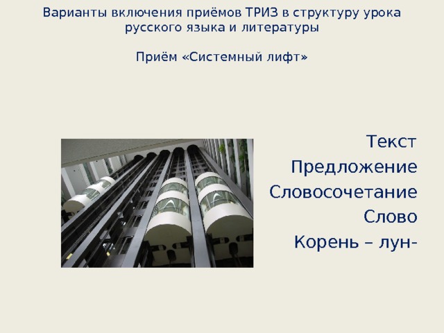 Варианты включения приёмов ТРИЗ в структуру урока русского языка и литературы   Приём «Системный лифт»   Текст Предложение Словосочетание Слово Корень – лун-   Текст Предложение Словосочетание Слово Корень – лун- 