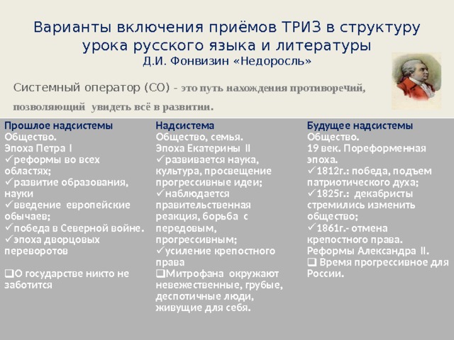 Варианты включения приёмов ТРИЗ в структуру урока русского языка и литературы  Д.И. Фонвизин «Недоросль» Системный оператор (СО) - это путь нахождения противоречий, позволяющий увидеть всё в развитии. Д.И. Фонвизин «Недоросль»    Прошлое надсистемы Общество . Эпоха Петра  I Надсистема Общество, семья. Эпоха Екатерины  II реформы во всех областях; развитие образования, науки введение европейские обычаев; победа в Северной войне. эпоха дворцовых переворотов Будущее надсистемы  развивается наука, культура, просвещение прогрессивные идеи; наблюдается правительственная реакция, борьба с передовым, прогрессивным; усиление крепостного права Общество. 19 век . Пореформенная эпоха. Митрофана окружают невежественные, грубые, деспотичные люди, живущие для себя. О государстве никто не заботится 1812г.: победа, подъем патриотического духа; 1825г.: декабристы стремились изменить общество; 1861г.- отмена крепостного права. Реформы Александра  II .  Время прогрессивное для России. 