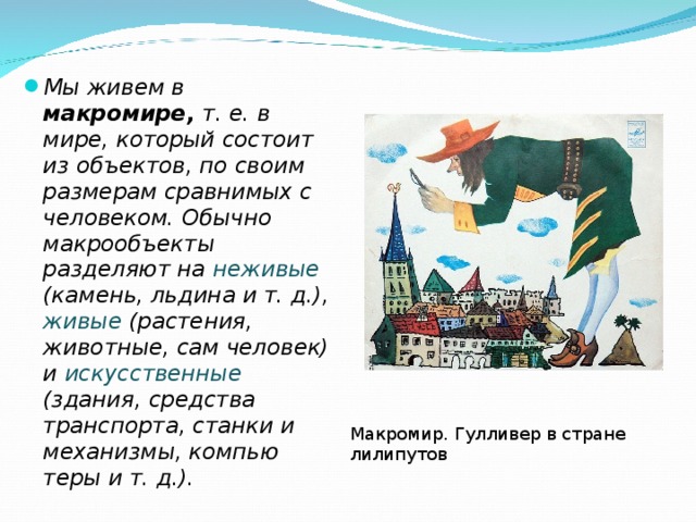 Мы живем в макромире, т. е. в мире, который состоит из объектов, по своим размерам сравнимых с человеком. Обычно макрообъекты разделяют на неживые (камень, льдина и т. д.), живые (растения, животные, сам человек) и искусственные (здания, средства транспорта, станки и механизмы, компью­теры и т. д.). Макромир. Гулливер в стране лилипутов 