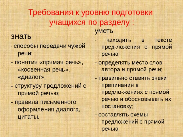 Требования к уровню подготовки учащихся по разделу : уметь - находить в тексте пред-ложения с прямой речью; - определять место слов автора и прямой речи; - правильно ставить знаки препинания в предло-жениях с прямой речью и обосновывать их постановку; - составлять схемы предложений с прямой речью. знать - способы передачи чужой речи; - понятия «прямая речь», «косвенная речь», «диалог»; - структуру предложений с прямой речью; - правила письменного оформления диалога, цитаты. 